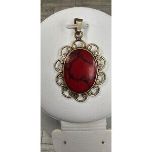 Red Jasper and Silver Flower Pendant Stamped Mexico 2"Lx1 1/4"W